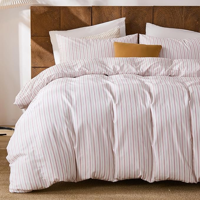 Merryword 100% Cotton Duvet Cover Set Queen Size - White & Pink Stripes Duvet Cover with Pillowcases, Soft Breathable Bedding Set Modern Minimalist Pinstripe Comforter Cover for All Seasons