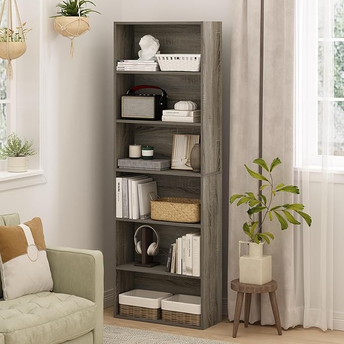 Furinno Jaya Book Shelf Set of 2, 6-Tier Bookshelf, Bookcase, 9.5 x 24.6 x 71, for Home Office, Living Room, French Oak