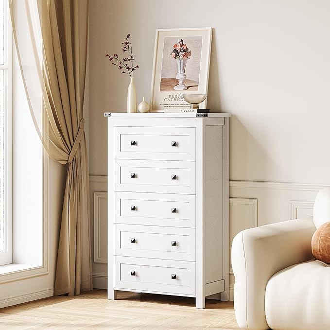 White Dresser Tall 5 Drawer Dresser for Bedroom, Wood Chest of Drawers with Metal Handles, Modern Storage Cabinet and Organizer Drawers for Living Room, Hallway