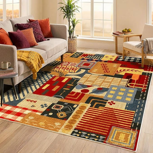 Washable 4x6 Vintage Patchwork Area Rug, Boho Tribal Geometric Colorful Rugs for Living Room, Non-Slip Low Pile Indoor Carpet, Vintage Rustic Rug for Dining Room Bedroom Office Entryway Decor