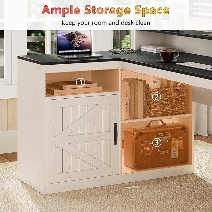 TVU Farmhouse L Shaped Desk with Drawers, 62.2" Home Office Desk with Storage Shelves and Power Outlet, L Shaped Computer Desk with Monitor Stand and Printer Shelf, Black and White