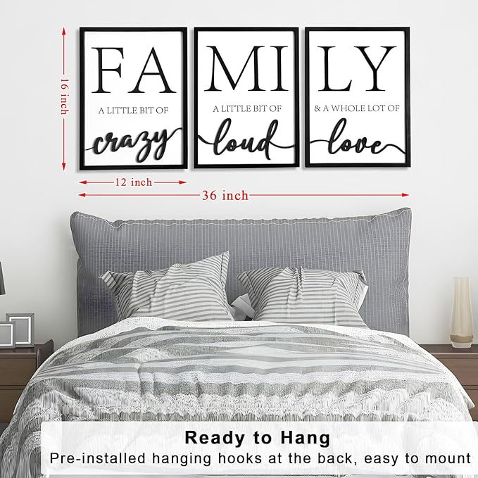 3D Wood Family Wall Decor, 36" x 16" Framed Family Sign Wall Art, 3D Pictures for Living Room (Ready to Hang, 12x16 inches, Set of 3, Framed)