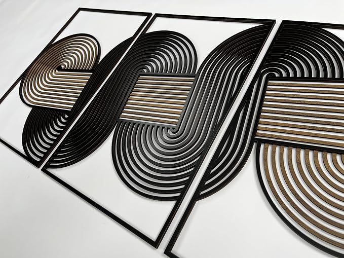Minimalist Lines Wood Wall Art Set of 3, Geometric Mid Century Modern Wooden Wall Decor, Abstract Endless Flow Panels, Boho Home Gift for Living Room and Bedroom