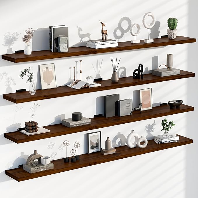 60-Inch Solid Walnut Floating Shelves Set of 4-Rustic Farmhouse Wall Shelves with 150 lb Capacity, Heavy Duty Easy Install for Bathroom, Kitchen, Living Room&Home Decor