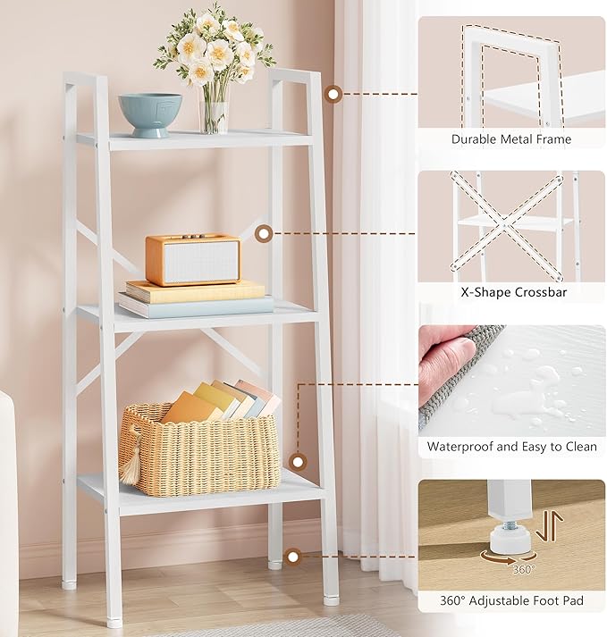Hoctieon 3-Tier Industrial Ladder Bookshelf, Narrow Ladder Shelf, Tall Standing Bookshelf, Skinny Open Ladder Shelf, for Living Room, Home Office, Kitchen, Bedroom, Metal Frame, White