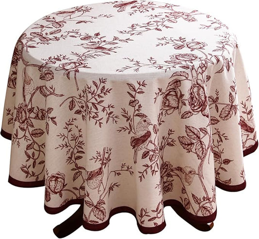 ISAENNE Designer Vintage Linen Round Tablecloth,Red Floral Pattern Linen Stain Resistant Table Cloth,Decor Tablecloths for Dining Thanksgiving Kitchen Christmas,Diameter 67"-Harmony
