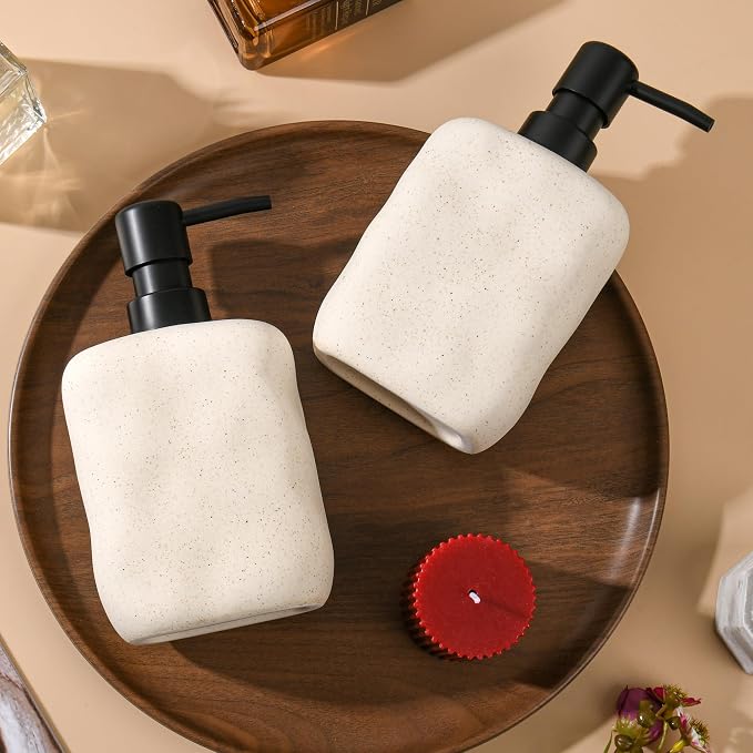 Modern Ceramic Soap Dispenser, Beige Speckled Finish, Black Pump Top, Refillable Liquid Container for Bathroom Kitchen (Beige, 2 Pack)