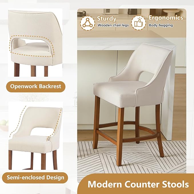 ClinQ Bar Stools Set of 4, 26" H Counter Height Bar Stools with Backs, Modern Upholstered Accent Barstools with Curved Footrest for Kitchen Island, Dining Room and Bar, Beige-Walnut Legs