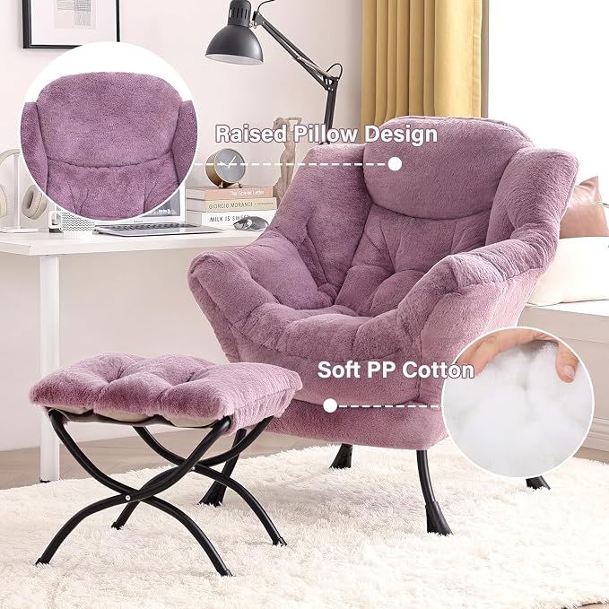 Tiita Lazy Chair with Ottoman, Purple Modern Large Accent Chair, Comfy Leisure Sofa Armchair with Ottoman, Reading Chair with Footrest for Bedroom, Living Room, Dorm Rooms, Plush Purple