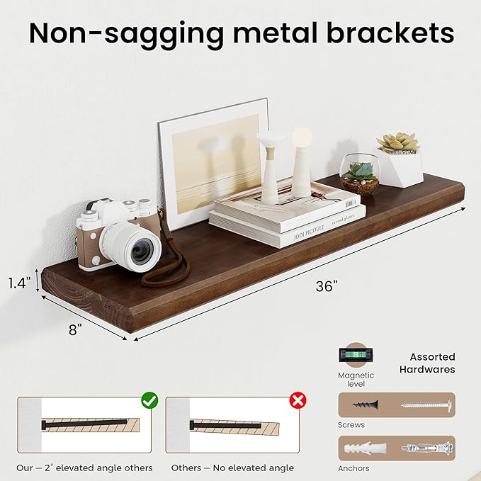 Axeman 36Inch Natural Wood Floating Shelves for Wall|Rustic Wooden Shelves for Bedroom Kitchen Bathroom|Storage Shelf with Invisible Bracket for Wall Mounted|Set of 1|Walnut Color