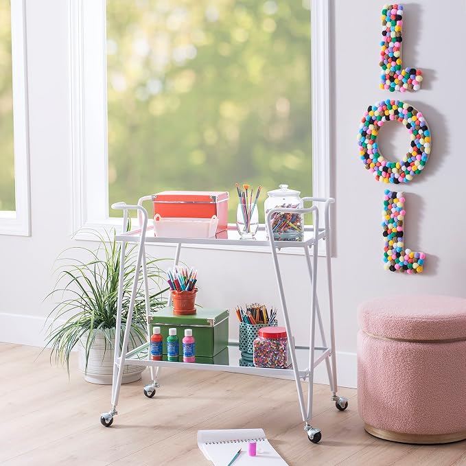 Linon Gina White Mid-Century Bar Cart with Mirrored Shelves and Locking Wheels