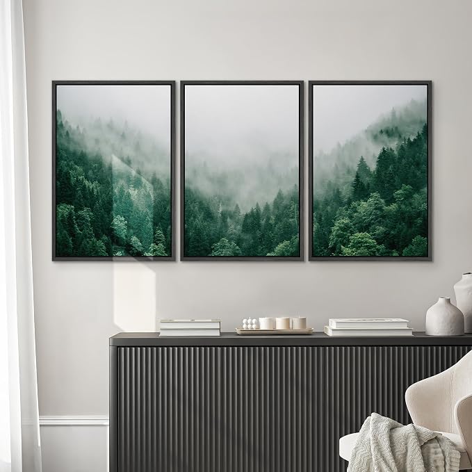 SIGNWIN Framed Canvas Print Wall Art Set Fog & Mist Mountain Forest Valley Nature Wilderness Photography Modern Art Rustic Landscape Relax/Calm for Living Room, Bedroom, Office - 24"x36"x3 Black