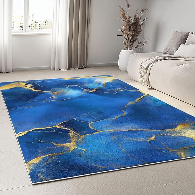 Blue 3 x 4 ft Area Rug for Living Room, Washable Abstract Marble Gold Texture Low-Pile Carpet for Bedroom Kitchen Carpet - Indoor Non-Slip Rug for Dining Room Bathroom Door Mat