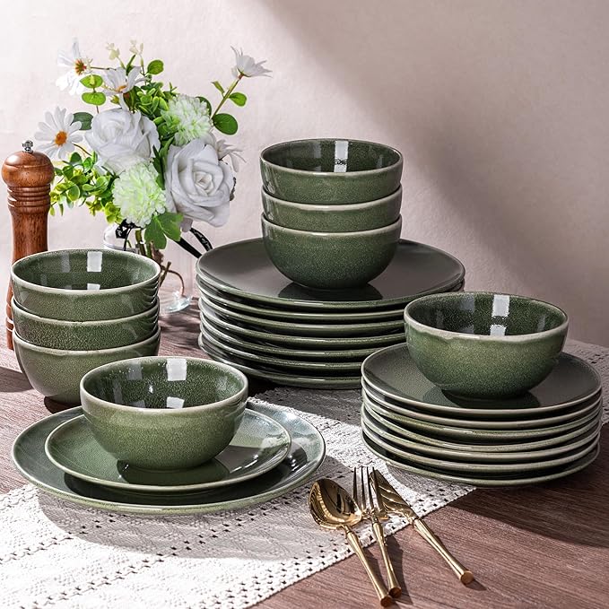 AmorArc Ceramic Dinnerware Sets for 6, 18 Pieces Handpainted Plates and Bowls Set, Scratch Resistant Stoneware Dishes Set, Dishwasher & Microwave Safe, Jade Green