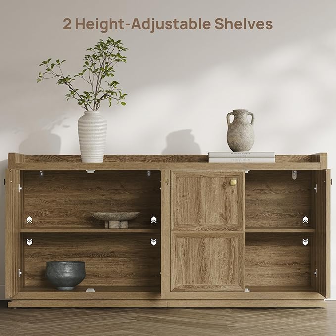 SICOTAS 4-Door Buffet Cabinet -Extra Long Sideboard with Storage & Adjustable Shelves, Modern Credenza Accent Coffee Bar Console Table for Living Room, Kitchen, Entryway, Hallway, Brown Oak, 2 PCS