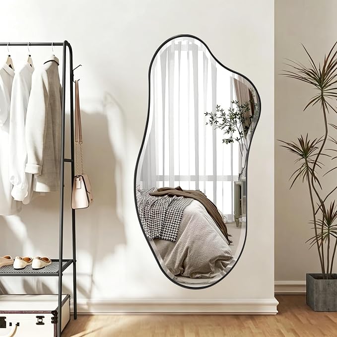 POZINO Irregular Beveled Mirror, 53"x26.5" Large Organic Shape Mirror with Black Metal Frame, Asymmetrical Decorative Wall Mirrors for Entryway Living Room Bedroom, Horizontal/Vertical Hanging