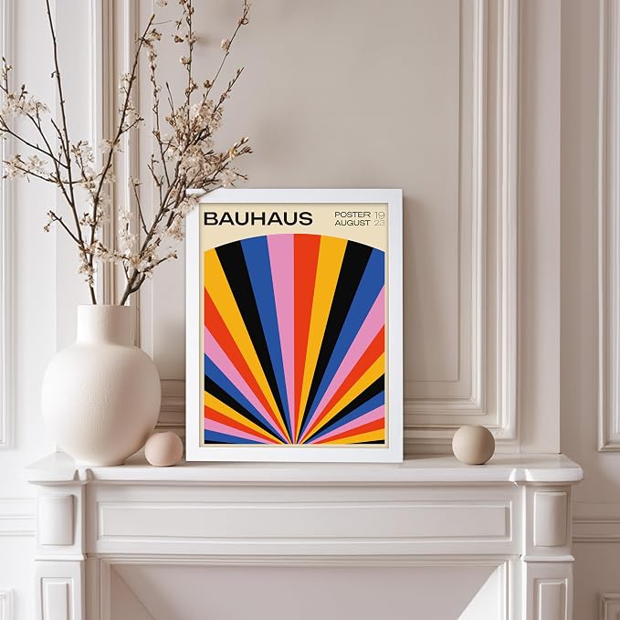 Poster Master Bauhaus Poster - Rainbow Sun Rays Print - Geometric - Abstract Art- Graphic Design - Chic Boho - Mid Century Modern Art - 11x14 White Framed