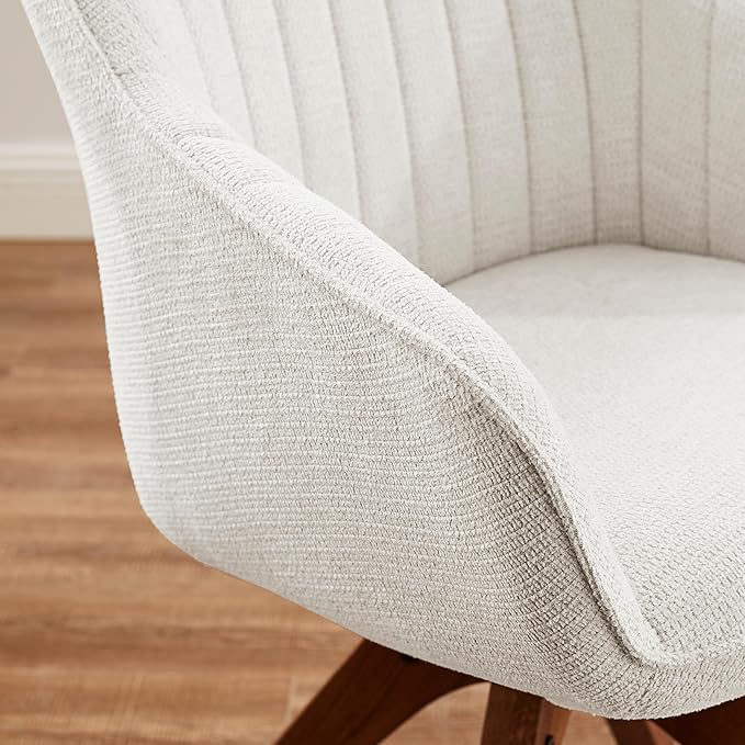 Art Leon Desk Chair No Wheels, Mid Century Modern Office Chair, Swivel Accent Chair with Oak Wood Legs, Fabric Upholstered Arm Chair, Ivory