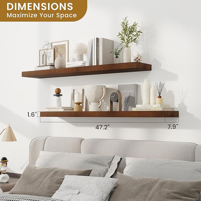RICHFOCUS Rustic Wooden Floating Shelves for Wall - 48 Inch Wood Shelves Set of 2-7.9 Inch Deep Solid Paulownia Wood Wall Mounted Shelves with Upgraded Metal Brackets for Room Decor, Mahogany