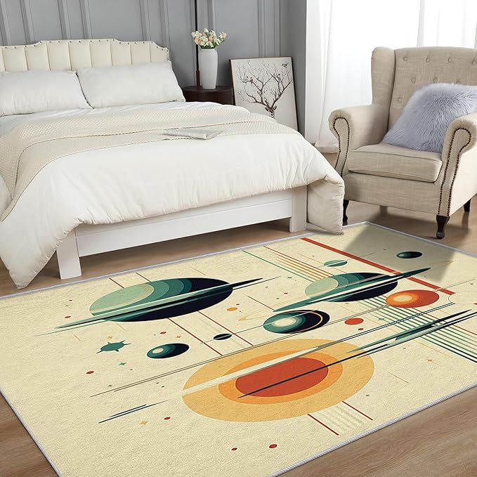 Mid Century Rugs for Living Room 6x6, 50s Retro Futurism Geometric Abstract Modern Pattern Design Area Rug, Mid Century Bedroom Decor Carpet, Non Slip, Washable (RG496)