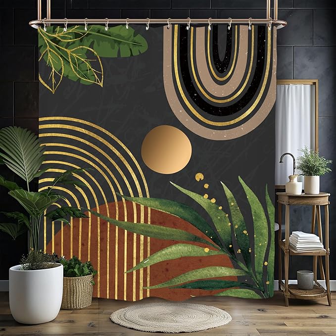Miyotaa Abstract Minimalist Shower Curtain Set 60Wx71H Inches Aesthetic Modern Dark Burnt Orange Black Contemporary Plant Leaves Polyester Waterproof Cloth Bathroom Curtain with 12 Hooks