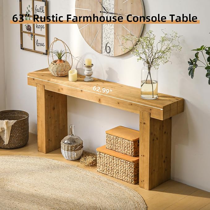 Wood Console Table, 63" Retro Long Boho Sofa Table Behind Couch, Wooden Narrow Sofa Table Hall Table for Living Room Foyer Entrance Entryway, Natural