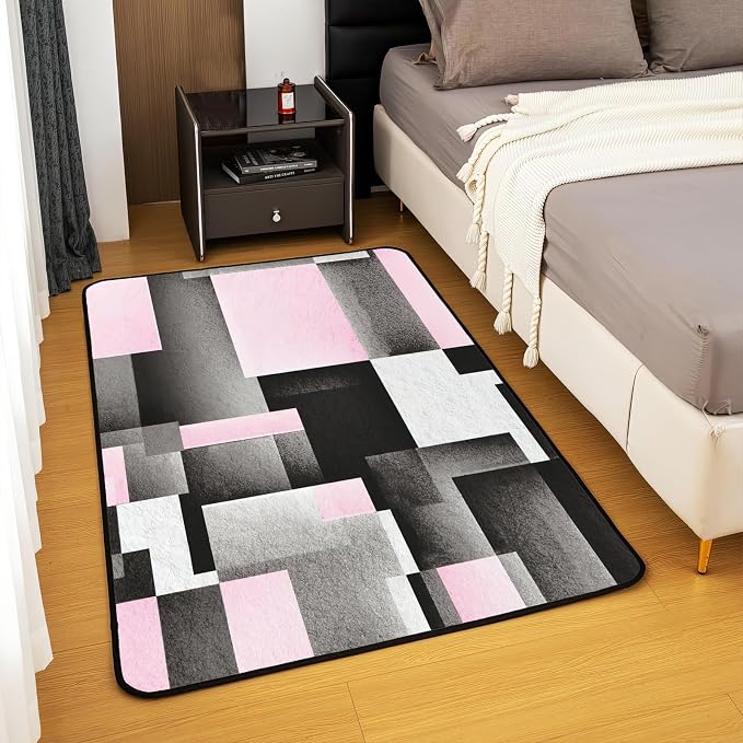 Abstract Pink Black Color Block Area Rug, Non Slip Living Room Rugs, Breathable Durable Carpet for Indoor Bedroom Conference Room Office Decor Rug - 3 ft x 4 ft
