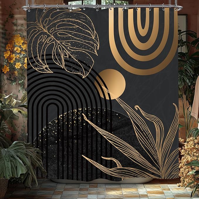 Yookeb Abstract Black Gold Minimalist Bathroom Shower Curtain 60W by 71H Inch Aesthetic Modern Contemporary Leaves Mid Century Neutral 12 Plastic Hooks Waterproof Decor