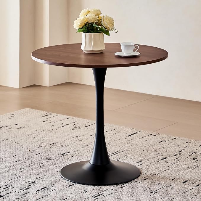 31.5" Round Dining Table for 2-4 Modern Circle Tulip Table with Metal Black Tulip Pedestal Base for Kitchen Dining Living Room Apartment Small Space Cafe, Brown