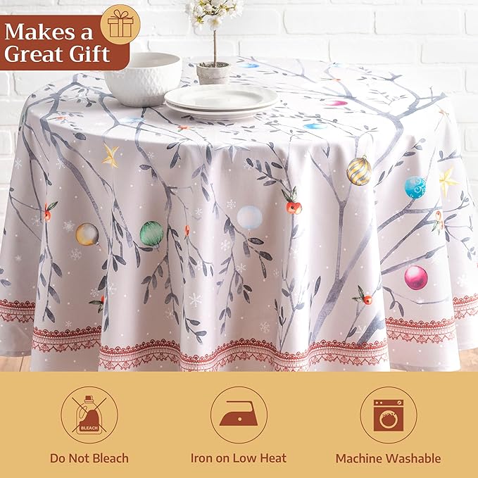 Maison d' Hermine Table Cloth Round Table 100% Cotton 63 Inches Fall Tablecloth Reusable Everyday Use for Thanksgiving Christmas Decorations Dining Farmhouse Party (Fairy Christmas)