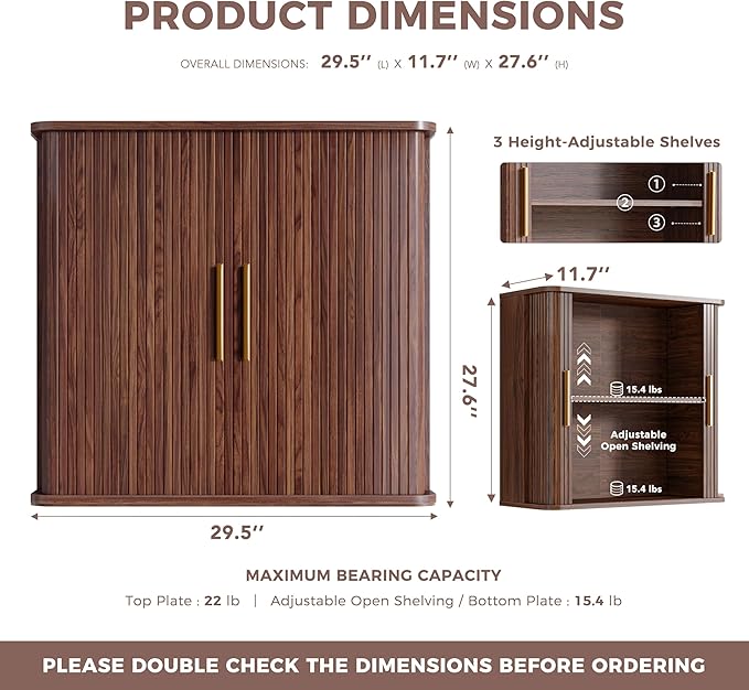 FIMELLO 29.5" W Bathroom Wall Cabinet, Laundry Room Cabinets Wall Mounted with Sliding Tambour Door, Kitchen Wall Cabinet, Floating Cabinet for Wall, Upper Cabinets, Brown Walnut