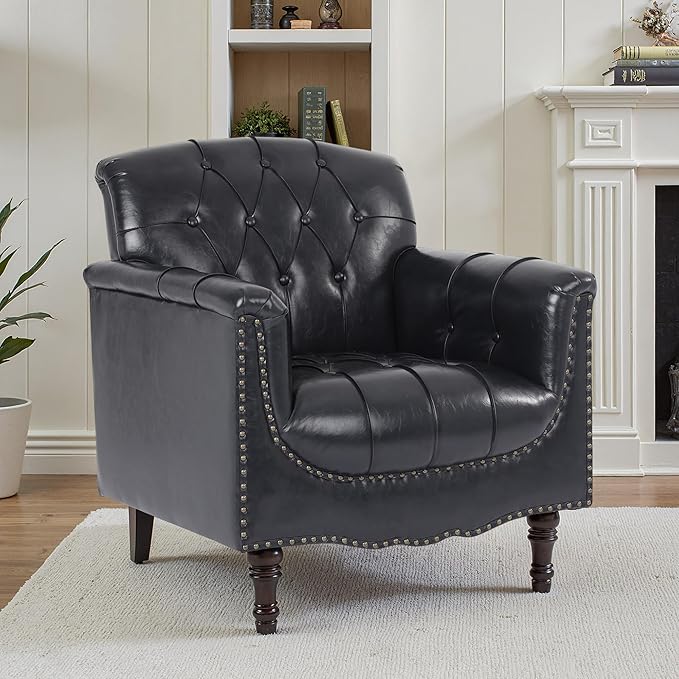 Faux Leather Accent Chair, PU Leather Modern Comfy Upholstered Armchair with Wood Legs & Nailhead Trim for Living Room, Bedroom (Black Blue,Set of 2)