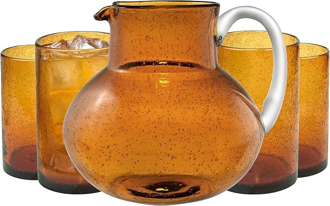 ARTLAND Iris 90oz Glass Pitcher & 17oz Highball Glasses (Set of 4) - Handcrafted Drinkware, Unique Bubble Design, Lead-Free Glass for Serving Beverages, Home Dining, Entertaining Essentials (Amber)