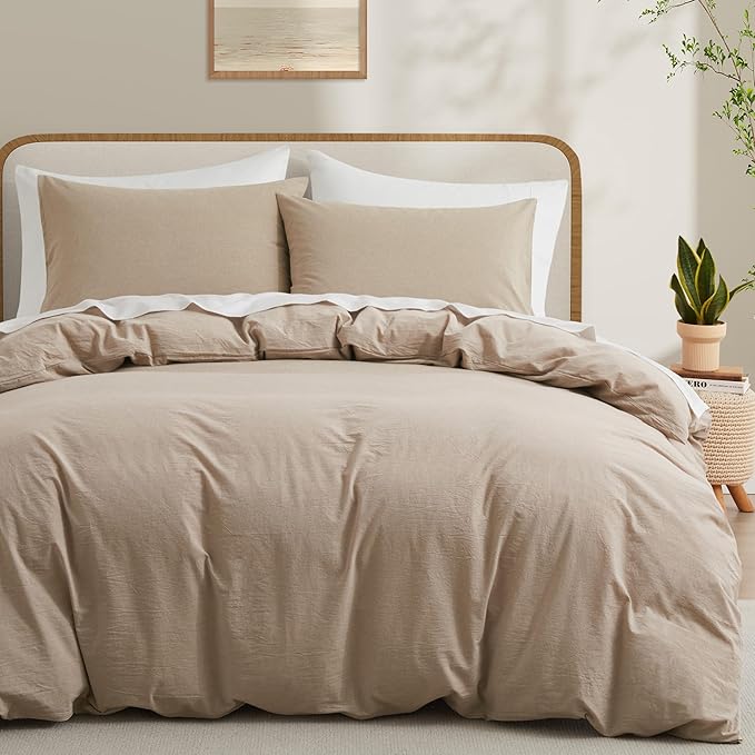 LOVQUE 100% Washed Cotton Duvet Cover Set King Size, Linen Like Natural Bedding Set with Zipper Closure (No Comforter), 104x90 Inches, Linen Grey