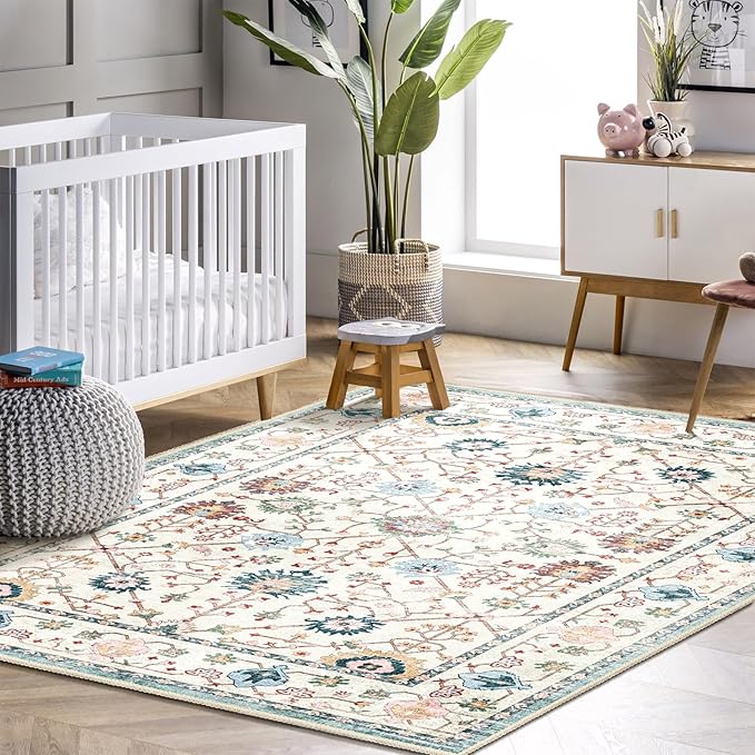 MUJOO 5x7 Area Rugs,Washable Rugs for Living Room Bedroom Bedside,Blue Boho Non Slip Carpet Indoor,Vintage Soft Teal and Pink Floral Rug