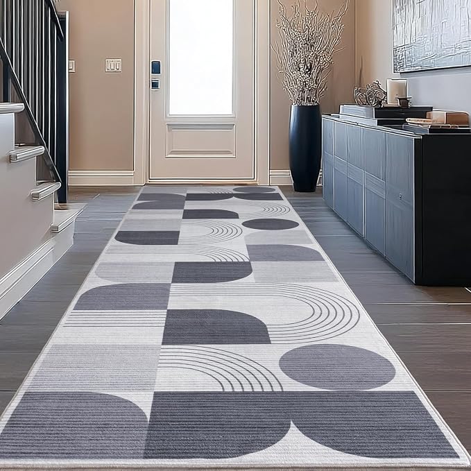 Machine Washable 2x6 Runner Rug, Soft Modern Geometric Abstract Grey Rugs for Bedroom Living Room, Non-Shedding Faux Wool Indoor Throw Floor Carpet for Office Entryway Dining Room Decor
