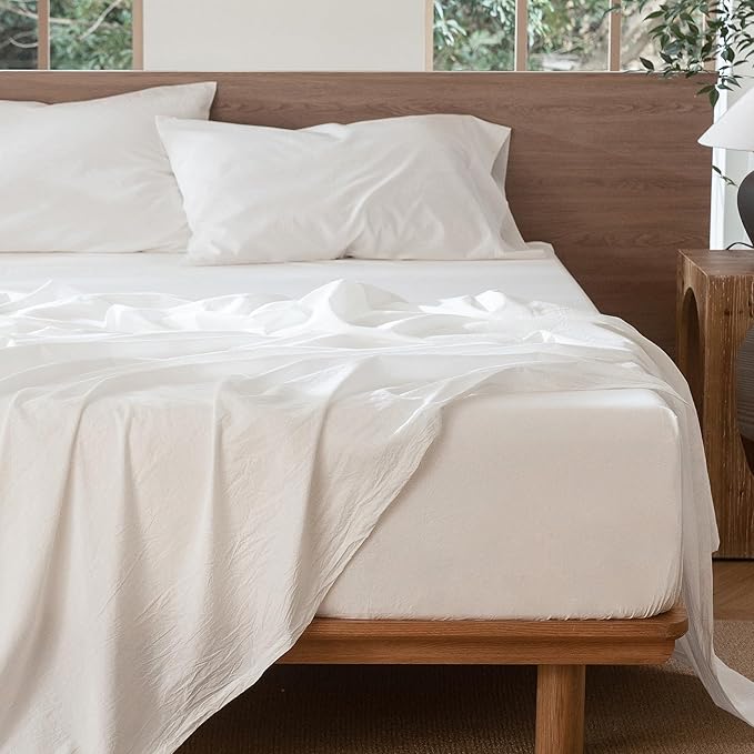 MooMee Bedding Sheet Set 100% Washed Cotton Linen Like Textured Breathable Durable Soft Comfy (Solid Off White, Full)