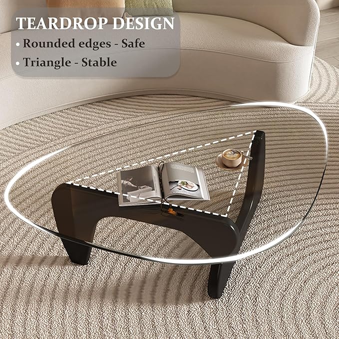 Modern Glass Coffee Table, 44.9"×32.3"×15.8" Triangle Center Table with Tempered Glass Top & Solid Legs, for Office Small Space Living Room