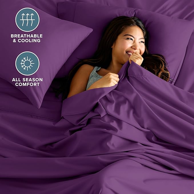Bare Home Split Head Flex King Sheet Set - 1800 Ultra-Soft Microfiber Bed Sheets - Double Brushed - Deep Pockets - Easy Fit - 4 Piece Set - Bedding Sheets & Pillowcases (Plum)