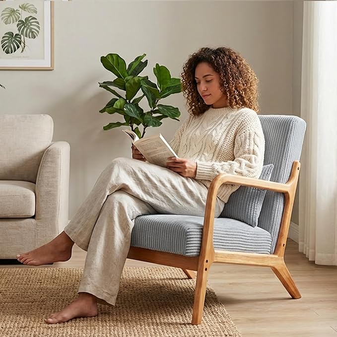 Accent Chairs, Mid-Century Modern Chair with Pillow, Armchair with Solid Wood, Reading Relaxing Leisure Chair for Living Room (Light Grey)