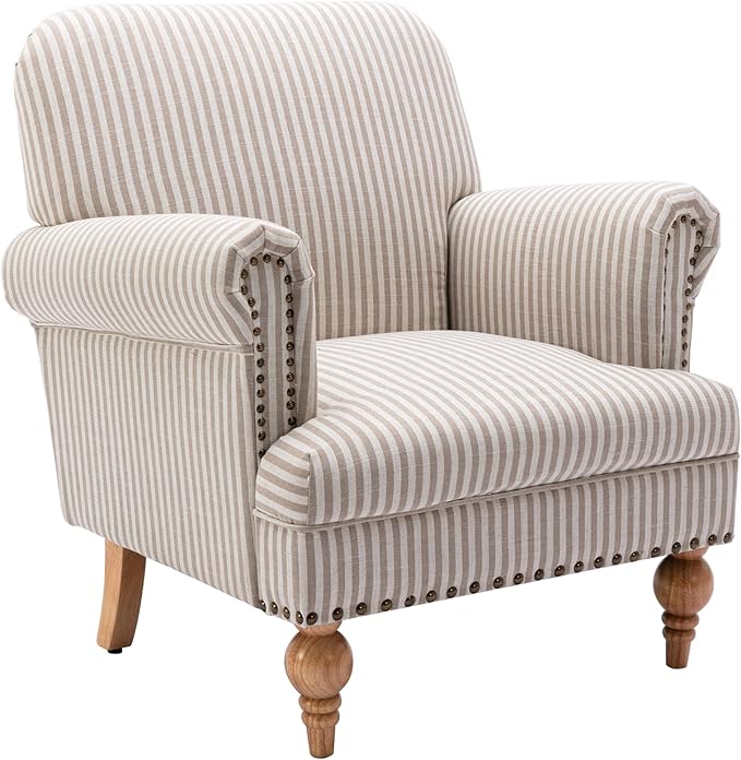 Linen Accent Chair Mid-Century Modern Living Room Armchair with Nailhead Trim & Wood Legs Comfy Upholstered Single Sofa Chair for Lounge/Bedroom/Reception, Khaki Stripe
