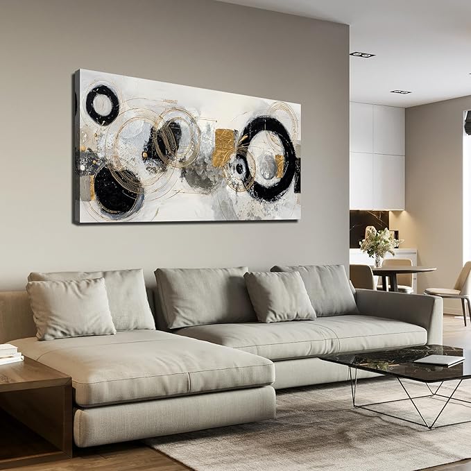 Abstract Circle Canvas Wall Art for Office Modern Wall Decor for Dining Room Black White Gold Pictures Wall Art for Bedroom Size 24 x 48 Inch