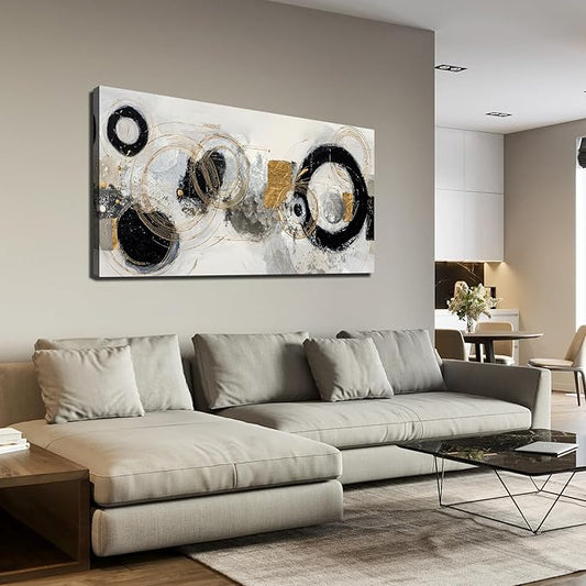 Abstract Circle Canvas Wall Art for Office Modern Wall Decor for Dining Room Black White Gold Pictures Wall Art for Bedroom Size 24 x 48 Inch