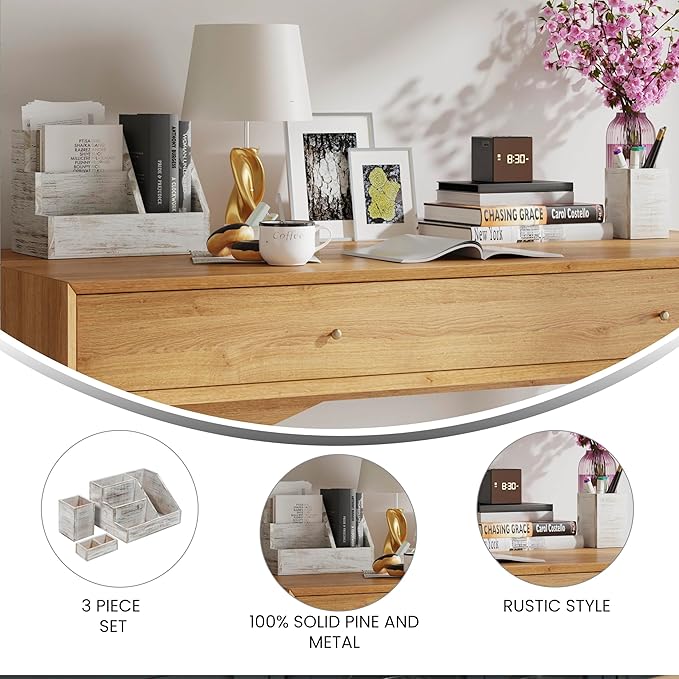 Merrick Lane Ceely 3 Wood Organizer Set - Whitewashed Solid Pine Wood - For Desktop, Table Top, or Vanity