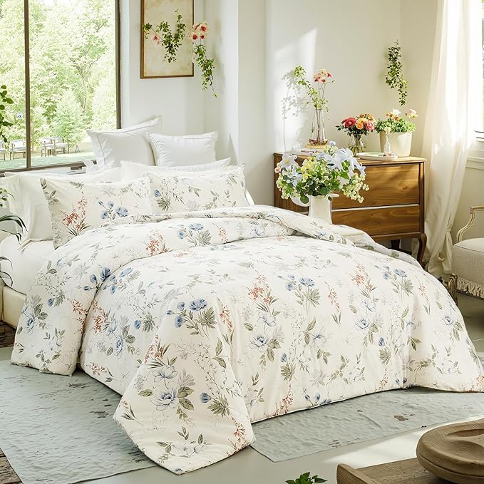 Floral Duvet Cover Queen Size 100% Cotton Reversible Duvet Cover Set with Zipper Closure 3 Pieces Soft & Breathable Green Garden Floral Comforter Cover Sets