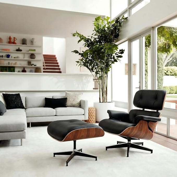 Top Black Grain Leather,Mid Century Chaise Lounge Chair and Ottoman, Reading Chair, Leather Accent Chair, Modern Chair, Classic Design, Heavy Duty Base Support for Living Room Lounge Office