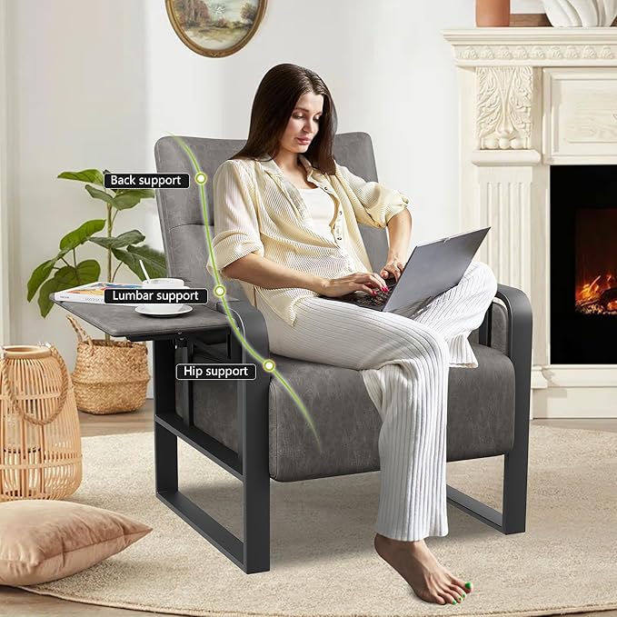 Upholstered Living Room Chair Armchair, Mid Century Faux Leather Metal Accent Chair, Reception Couch Office Guest Chair Slipper Club Lounge Single Sofa with Sidetable for Bedroom-Grey