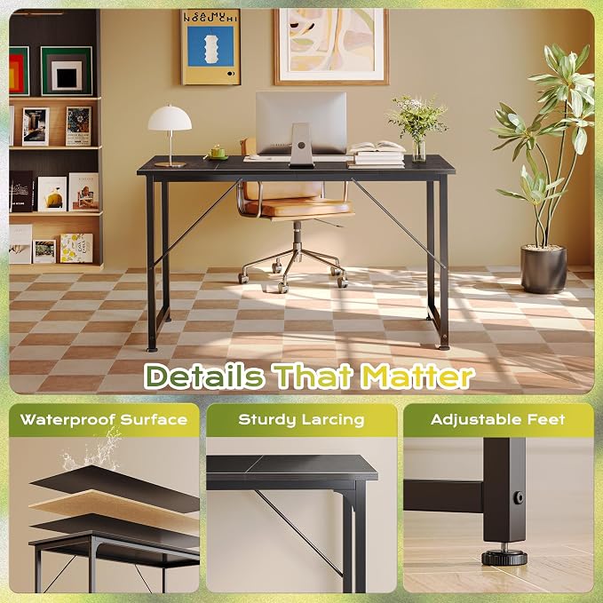 PRAISUN 47 Inch Computer Desk, Home Office Desk with Spacious Desktop, Modern Gaming Desk, Writing Study Table for Bedroom, Small Spaces, Work from Home Desk with Metal Frame, Black