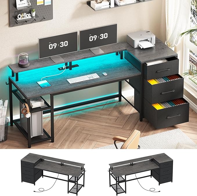 SEDETA 59" Office Desk with File Drawers, Reversible Computer Gaming Desk with Storage, LED Lights & Power Outlet, Home Office Desks for Printer, Grey