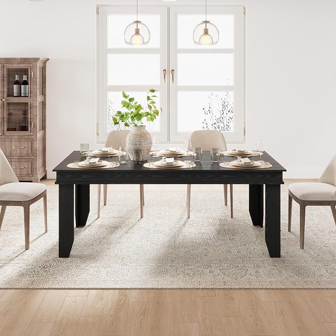 GarveeHome Farmhouse Dining Table for 6-8 People, 71 in Long Kitchen Tables with Wooden Sturdy Frame, 6 ft Large Rectangular Dinner Table for Dining Room, Kitchen (Black, 71" Non-extendable)